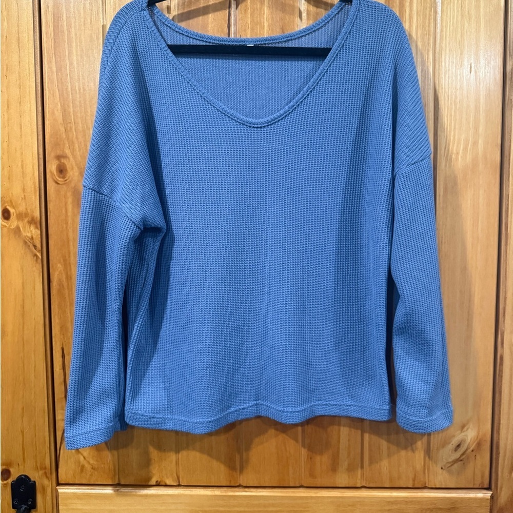 Blue V-Neck waffle knit Women's Top
